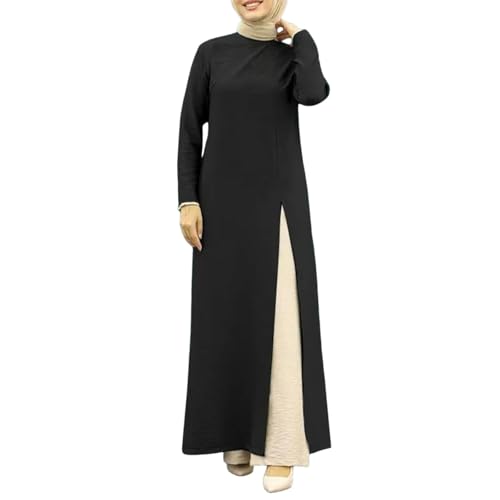 Robe Musulmane Femme Turque,Robe pour Priere Femme Musulmane À Manches Longues Vêtements Ethnique Grande Taille Col Rond Couleur Unie Style Arabe Islamique...