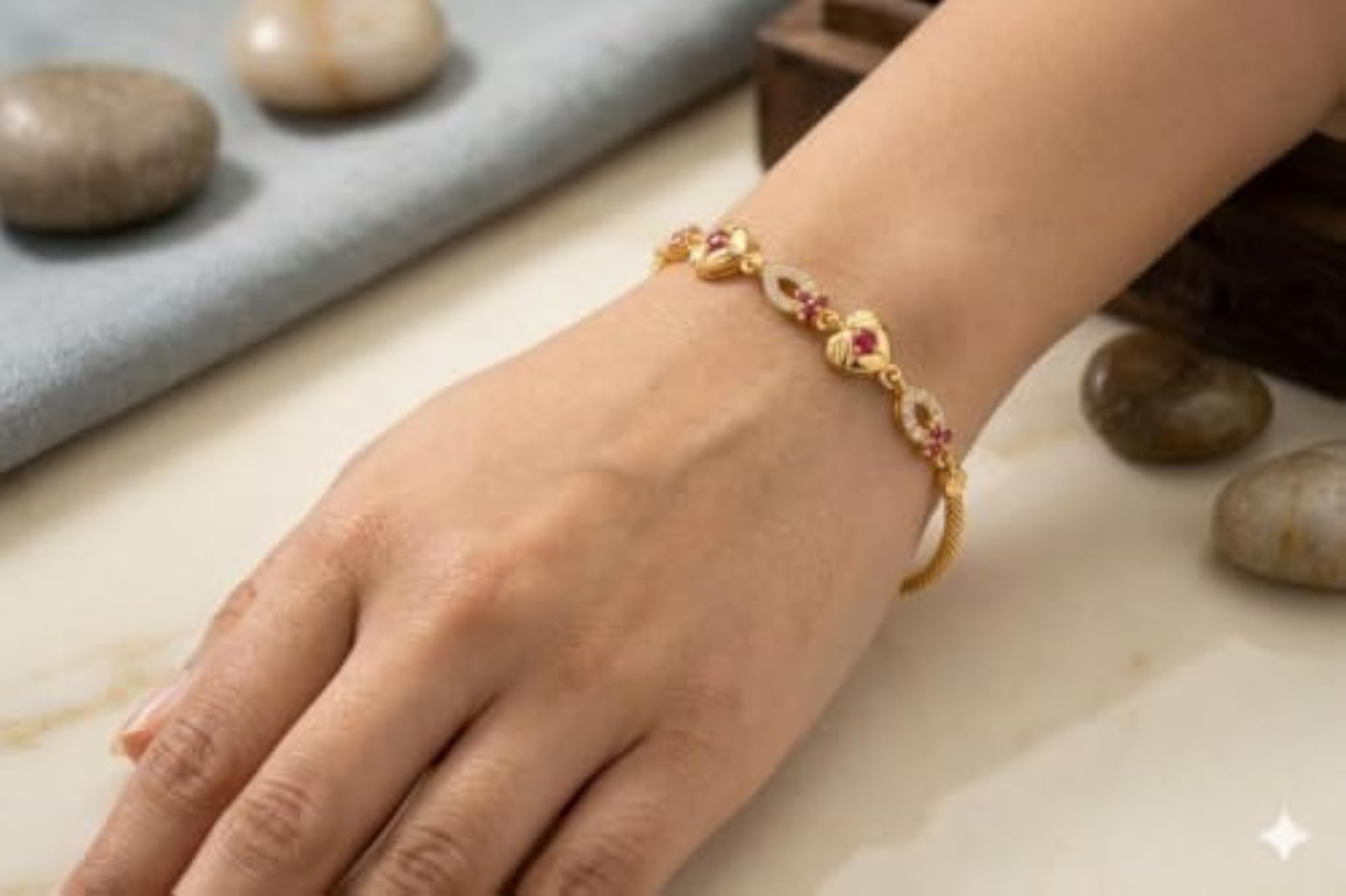 Women's Golden Ruby Floral Bracelet, Brass Copper Alloy