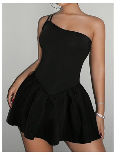Image of SOLY HUX Women's One Shoulder Sleeveless A Line Flared Dress Summer Mini Dresses