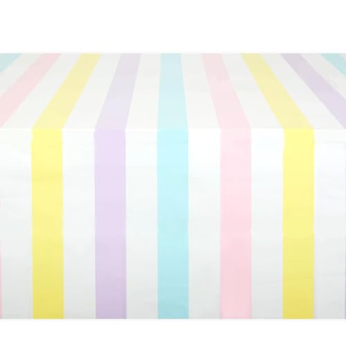 Image of BLUE PANDA 3-Pack Pastel Striped Party Tablecloths - 54 x 108 Inch Rectangular - Disposable Plastic Table Covers for Ice Cream Party Decorations & Kids Birthday Photo Backdrop