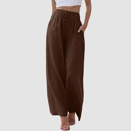 Generic Women's Linen Summer Palazzo Pants Flowy Wide Leg Beach Pants with Pockets Drawstring Elastic High Waist Summer Linen Pant, Small, A#_coffee2