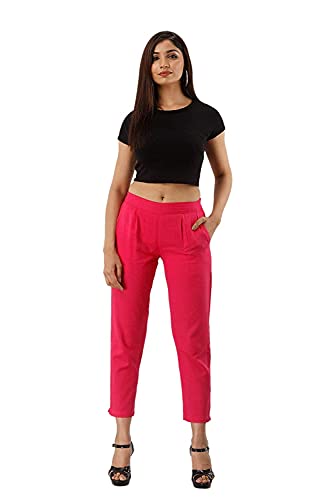 Image of DIGITAL SHOPEE Women Cotton Regular Fit Elastic Waist Casual Ankle Pant Trouser with Two Side Pocket