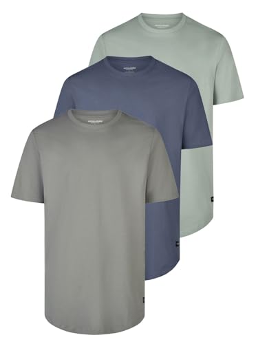 JACK & JONES Tshirt Herren lang geschnitten Set 100% Bio-Baumwolle Regular Fit JJENOA 3er Pack Rundhals Kurzarm Sommer Organic Basic Tee Shirt, Größe:L, Farbe:Pack 5