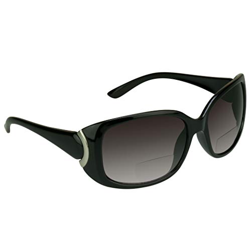 proSPORT Women Bifocal Sunglass Reader Oversized +1.75 Black Frame Silver Accent Gradient Smoke