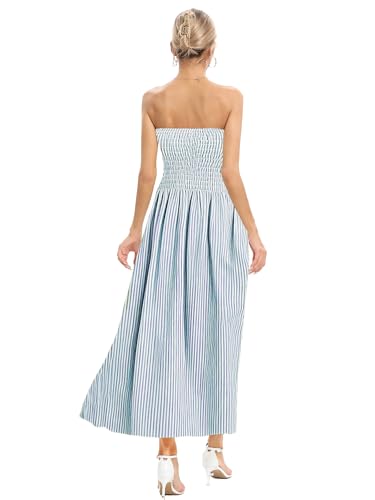Image of Women Strapless Smocked Flowy Swing Boho Maxi Dress Tube Top Beach Dress | Smocked Bodice Flowy A Line Beach Dress with Pocket Casual Vacation Beach Wedding Guest Dress Off Shoulder Boho Dresses