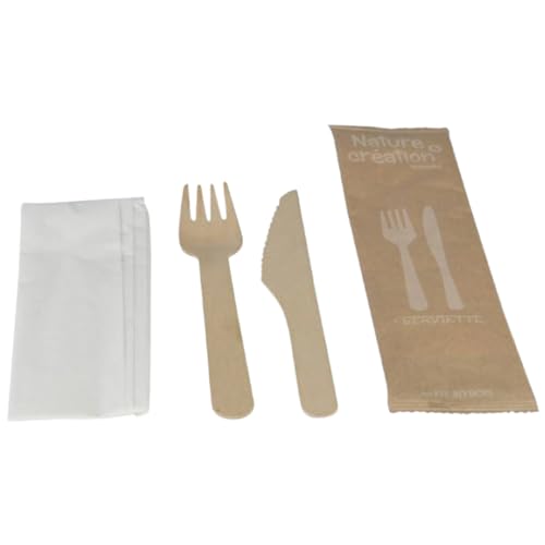 250 kits Couverts 3 en 1: Bois de Bouleau Naturel et Biodégradable - Fourchette, Couteau et Serviette