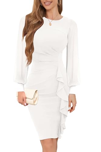 Image of IHOT 2026 Women's Long Sheer Sleeve Ruched Sheath Bodycon Cocktail Party Work Dress