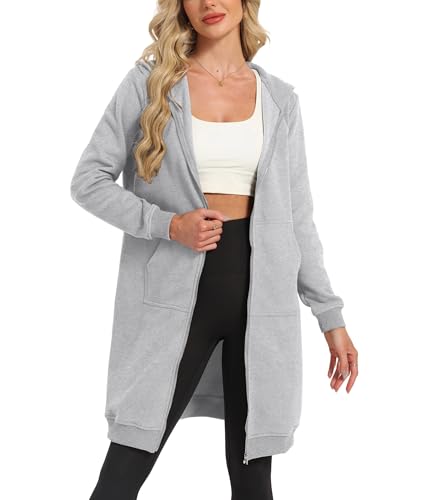 Timuspo Damen Sweatjacke Lang mit Reißverschluss Oversize Kapuzenjacke Hoodie Jacke Baumwolle Sweatshirt Strickjacke Casual Grau XL