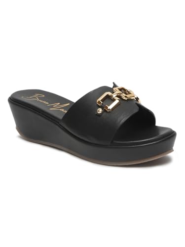 Image of Bruno Manetti Women's Slipon Back Open with Upper Golden Buckle Round Toe Comfort Platform Wedges