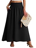 QIXING Damen Sommerrock Lang A Linie Smocked Hohe Taille Swing Plisseerock mit Taschen Boho Maxirock(Schwarz, L)