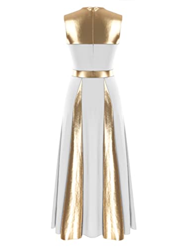 Tssoe Women Sleeveless Metallic Praise Dance Dress Lyrical Dance Costume Liturgical Worship Robe Tunic White X-Large #TOP1