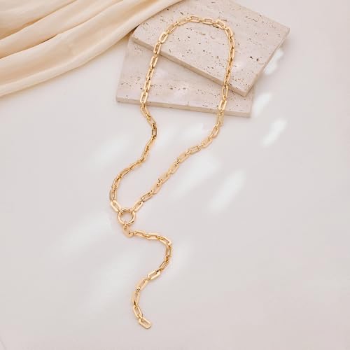 Chunky Gold Y Necklace for Women,Dainty Statement Long Chain 14k Gold Plated Lariat Necklace Summer Jewelry4
