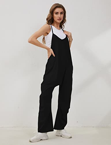 Uaneo Jumpsuits For Women Sleeveless Harem Stretchy Loose Overalls Romper Jumpers With Pockets (Black-L) #TOP3
