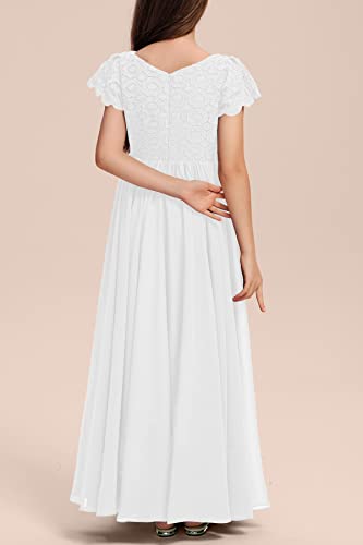 Hosika Girls White Dress Flower Lace Chiffon Flutter Sleeves A-Line Maxi Wedding First Communion Dresses For 12-13 Years #TOP4