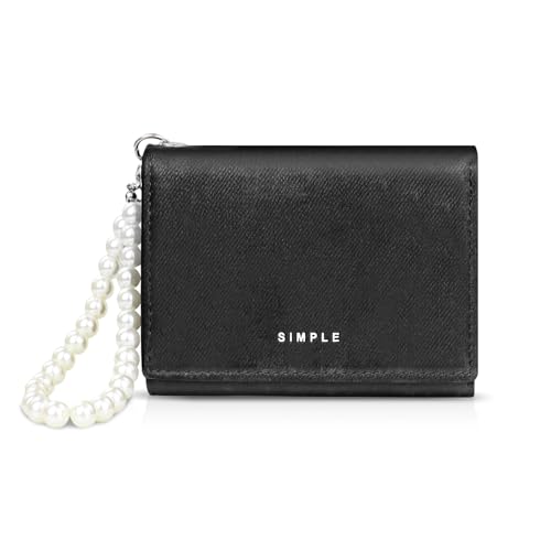 Small Womens Wallet, Pearl Pendant Slim Wallet Trendy Velvet Trifold Wallets 7 Slots Credit Card Holder with Snap ID Window Cash Pocket (Black)