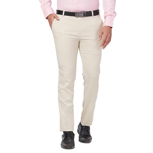 Image of Raymond Men's Mid Rise Slim Fit Structure Pattern Polyester Blend Pleated Formal Trouser