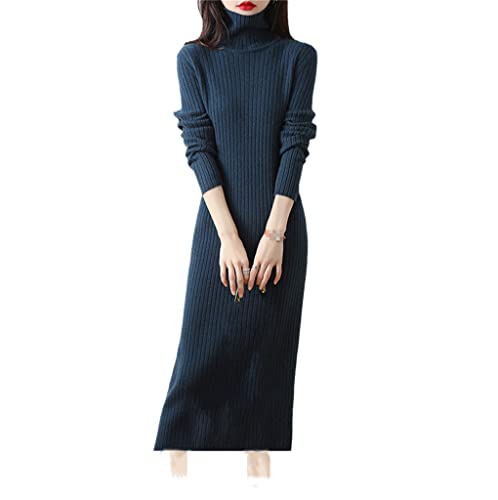 Kiioouu Women Long Dress Solid Wool Jumpers Winter Turtleneck Pullovers Ladies Dresses