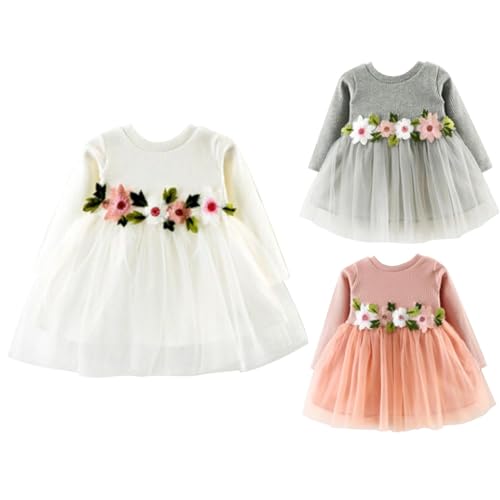 KAGAYD Toddler Baby Girl's Fall Dress Flower Knit Long Sleeve Ruffles Tulle Princess Birthday Party Dress