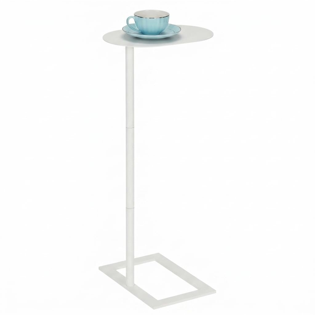 ZEXVIDA C-Shaped Side Table, Bedside Table, End Table for Small Spaces, Metal Frame Sofa Side Table, Coffee Table That Slides Under Sofa for Living Room, Bedroom (White, Oval)