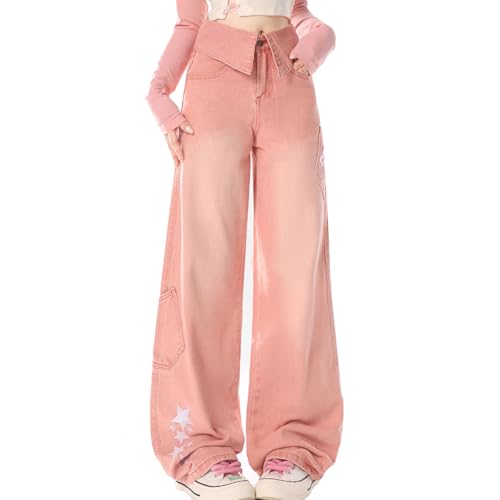 Fashion High Waisted Straight Leg Jeans Casual Waist Neckline Style Design Star Prints Y2K Baggy Denim Pants