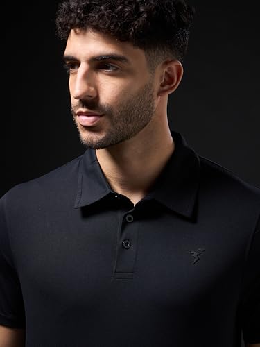 Image of TECHNOSPORT Men's Solid Slim Fit Polo Collar T-Shirt COTFLEX Half Sleeve Button Polyester for Gym Running Workout UPF50+ Anti Odour