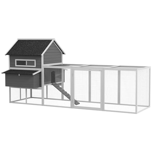 PawHut Gallinero para Exterior Gallinero de Madera Jaula Grande para 8 10 Gallinas con 2 Ponederos Techo Asfáltico Bandeja Extraíble y Rampa 347x160x150 cm Gris y Blanco