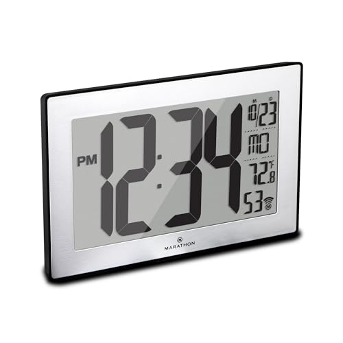MARATHON Atomic Wall Clock with Stand, Black Frame/Stainless Steel Finish - Large, 9-Inch Display - AM/PM or 24-Hour Time Format, Eight Time Zones & Indoor Temperature - Two AA Batteries Included