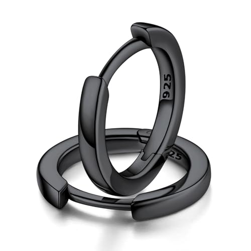 FaithHeart Aros Mujeres Pendientes Negros Aros Pequeños Plata de Ley 925 10mm Pendientes Hipoalergénicos Joyería Moderna Regalo Mujer