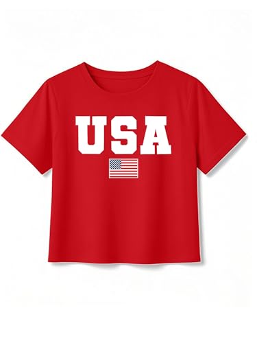 Image of VVNTY Girls American Flag Crop Tops Kids USA Crop Shirt Patriotic 4th of July Tops 5-14 Years