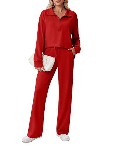 Image of PINSPARK 2 Piece Sets for Women 1 /2 Zip Sweatsuit Loose Fit Sweatshirt Straight Leg Pants 2026 Matching Outfit Fall Tracksuit