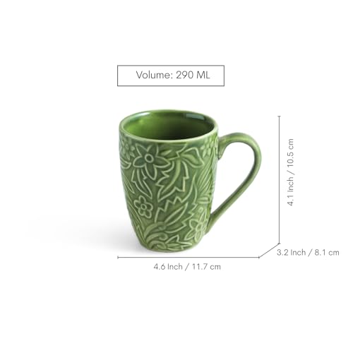 Image of ExclusiveLane 'Green Flora' Ceramic Coffee Mugs Set of 4 (Set of 4, 290 ml, Microwave and Dishwasher Safe, Hand-Embossed) | Ceramic Coffee Mug Coffee Cup Set of 4 Tea Mugs Set Tea Cups Ceramic Mugs