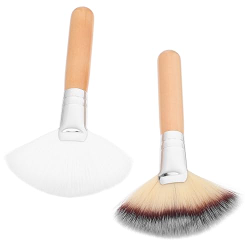 LIFKOME Brochas de Maquillaje de Abanico para Polvos y Base, Set de 2 Piezas Mango Largo de Madera Natural y Cerdas Suaves, Ideales para Aplicación Facial Profesional y Uso Diario