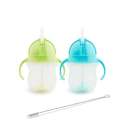 Munchkin Drinkbeker met Rietje en Click Lock Top Set, Baby & Peuter Tuitbekers met Rietje, BPA-Vrije Antilek Tuitbeker, Vaatwasserbestendig, Verzwaard Rietje - 2 Stuks x 207ml, Groen/Blauw