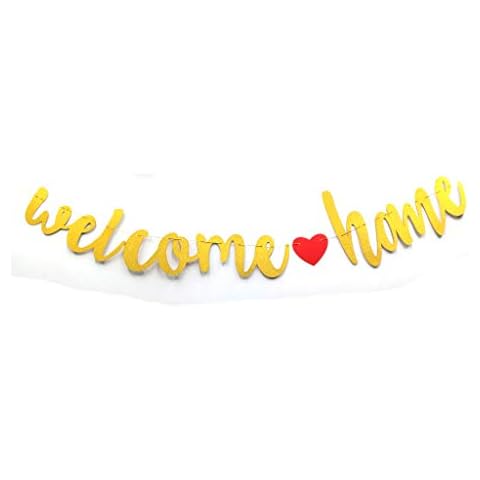 Welcome Home Black Glitter Banner for Housewarming Patriotic Military Decoration Family Party Supplies Cursive Bunting Photo Booth Props Sign (Gold) Cover