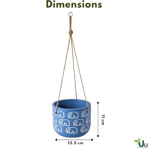 Image of Urban Upvan Elephant Printed Blue Hangingpot with Rope - Premium Decorative Planter for Indoor & Outdoor Plants, Modern Elegant Flower Pot for Home, Garden & Office