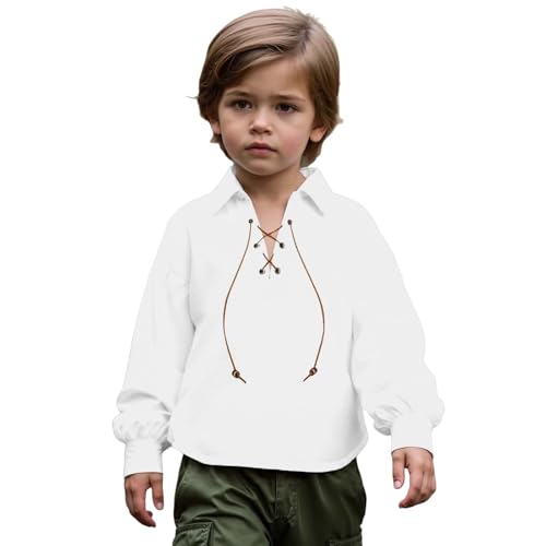 Youth Boys Vintage Medieval Pirate Shirts Long Sleeve V-Neck Loose Halloween Tops Renaissance Viking Performance Shirts