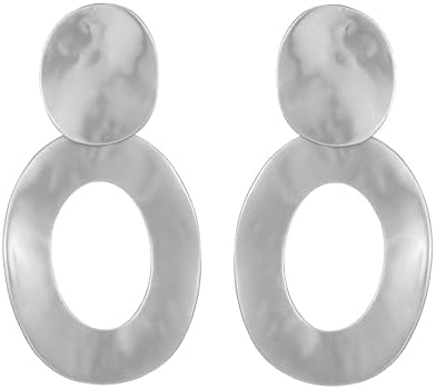 Matte Silver Harmmered Disc Clip On Earrings for Women Big Oval Hoop Dangle Clip Earrings for Women Girls Gift