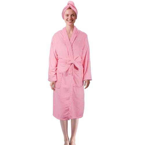 UNIMEIX Microfiber Womens Robes with Hair Drying Towel, Soft Coral Fleece Bathrobe for Women Cozy Premium Warm Long Spa Robe
