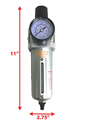 1/2" Npt Heavy Duty Compressed Air In Line Filter Regulator Combo Piggyback, Metal Bowl, 5 Micron Element, Adjustable From 7 To 175 Psi (Auto Drain) #TOP1