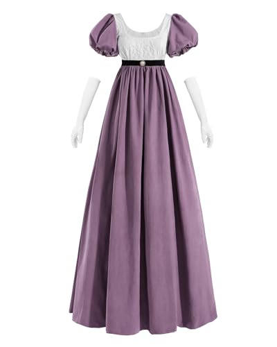 Robe victorienne pour femme violette M col montant et taille empire
