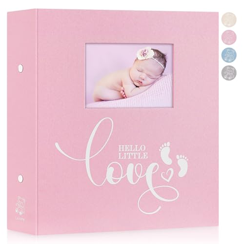 Lanpn Baby Photo Album 6x4 600 Pockets, Linen cover Newborn Bebe Memory Book Photobook Holds 600 Horizontal and Vertical Pictures, Picture Album with Front Window Gift for Boy Girl Baby Shower Pink