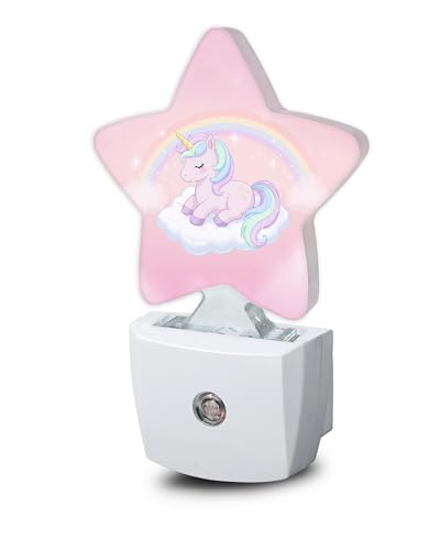 Image of Rainbow Unicorn Dusk to Dawn Star Night Light,Cute Pink Sky Smart Sensor Nightlight for Bedroom Kitchen Hallway Stairs,Plug-in Energy Efficient Decor Desk Lamp Women Men Gifts