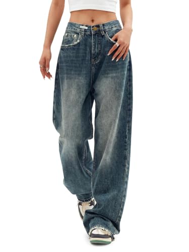 EMMIOL Jeans for Women Wide Leg Baggy Jeans High Waist Y2K Casual Loose Boyfriends Trousers Vintage Streetwear Dark Blue, S