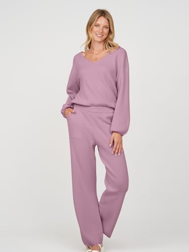 MEROKEETY Women's 2 Piece Outfits Lounge Sets Fall Winter Long Sleeve Knit Sweater Wide Leg Pant Matching Set4