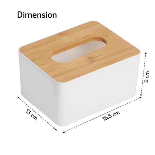 Image of HOKIPO Bamboo Cover Plastic Tissue Box Holder | Tissue Paper Holder Box Case | Tissue Holder Dispenser Organizer for Car Decor Home, 16.5x13x9 cm (AR-5292)