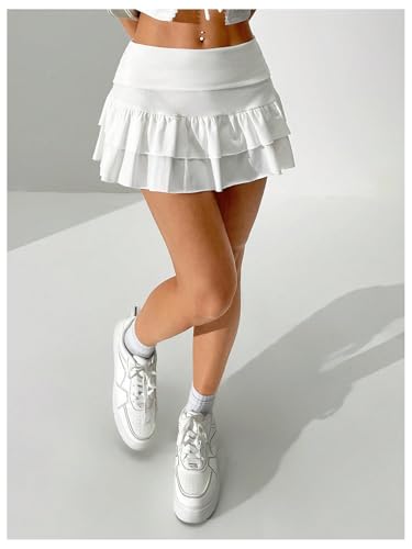 Verdusa Women's Ruffle Layered Mini Skirts Fold Over Flared Flowy Y2K Skirt with Shorts Underneath Summer Vacation Outfits