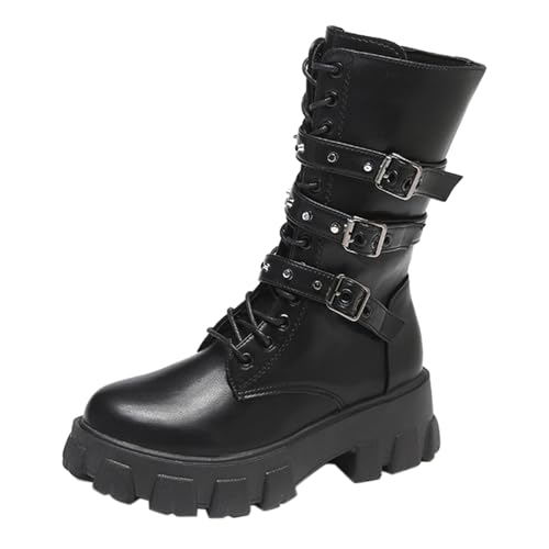 Nidddiv Bottines de motard pour femme - Noir - Style gothique punk - Plateforme - En cuir synthétique - Avec boucle - Bottes longues - Bottes d'hiver à...