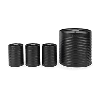 Russell Hobbs Ribbed 4-Piece Round Countertop Set – Set of 3 Kitchen Storage Canisters & Bread Bin, Tea, Coffee and Sugar, Durable Steel, Pull Top Lids, Easy to Clean, Ribbed Design, Black
