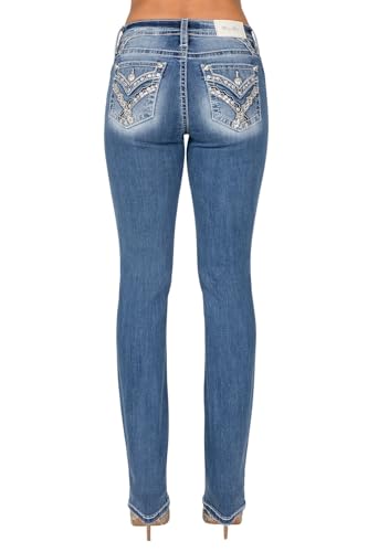 Miss Me Women's V Geometric Abstract Stitch Faux Flap Pockets Mid-Rise Straight Jeans