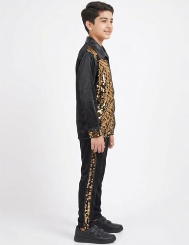 Image of BookMyCostume Western Dance Costume for Boys - Black & Golden Sequin Collared Shirt & Pants Set | Annual Day Dance Dresses & Fancy Dress for Stage Shows & Performances | 10-12 Years